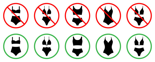 Vector icons showing approved and banned women's swimwear styles. Includes bikinis, suits and undergarment like outfits. Ideal for pool, beach, or resort signage and dress code rules. Vector icons.