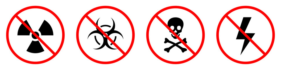 No hazard signs set including radioactive, biohazard, toxic, and high voltage warning symbols. Red prohibition circle with black icons. Safety concept, danger control, flat vector design.