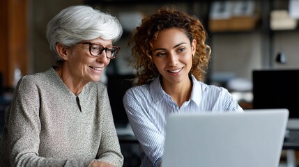 Age equality workplace senior and younger employee collaborating at desk inclusive work culture mutual respect across generations productivity and fairness