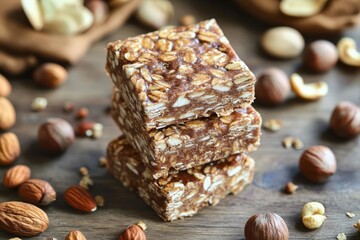 Nut-based energy bars are stacked neatly on a wooden table. Various nuts are scattered around, enhancing the rustic feel of the setting. Natural lighting highlights the texture and colors