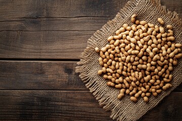 Roasted peanuts in shells rest on textured burlap atop a rustic wooden background, showcasing their natural color and texture for a warm, inviting look perfect for snacking or sharing