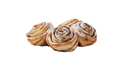 Fototapeta premium Close-up of cinnamon rolls swirled with icing and dusted with powdered sugar isolated on white background 