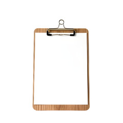 Office clipboard with clean white paper and realistic wood texture – isolated transparent background PNG image, no logo, blank sheet, low contrast

