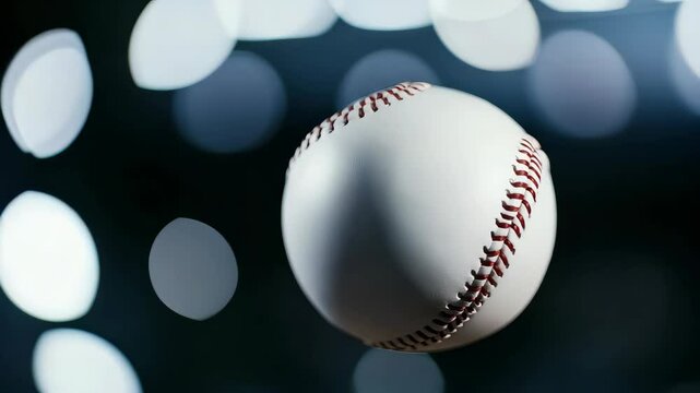 A white baseball is in the air with a red stitching. The ball is in motion and is about to land