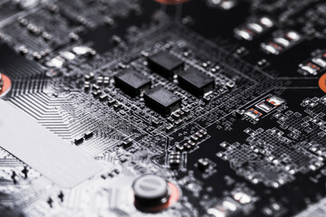 Detailed view of a circuit board featuring intricate pathways and components