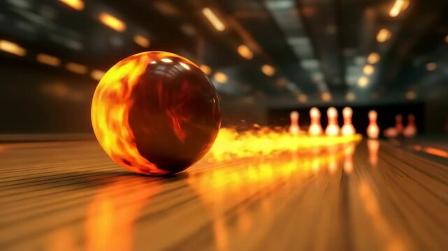 A bowling ball with fire on it is rolling down a bowling lane. The ball is surrounded by a bright orange glow, creating a dramatic and intense atmosphere. The scene captures the excitement