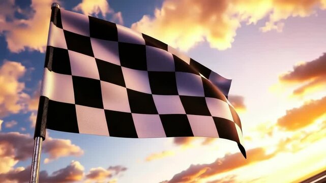 A checkered flag is flying in the air on a sunny day. The flag is black and white and is on a pole. The flag is on a road, and the sun is shining brightly on it