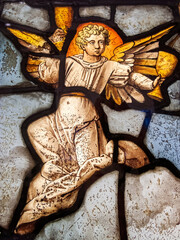 An Angel holding the Holy Grail at the Crucifixion of Christ shown in an image on a medieval 16th...
