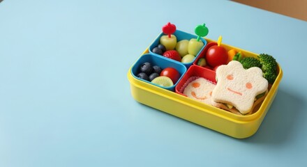 Colorful lunchbox filled with healthy snacks including fruits, vegetables, and a creatively shaped sandwich, arranged neatly on a light blue background, perfect for kids' meals