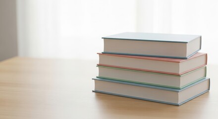 Fototapeta premium Stack of colorful hardcover books resting on a wooden table, with soft natural light filtering through sheer curtains, creating a cozy reading atmosphere
