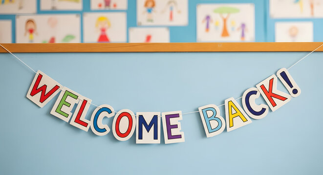 Colorful welcome back banner hanging against a blue wall, surrounded by children's drawings, creating a cheerful and inviting atmosphere for returning students to school