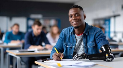 Disability equality education student with prosthetic limb studying alongside peers in a university classroom inclusive academic environment mutual respect and focus