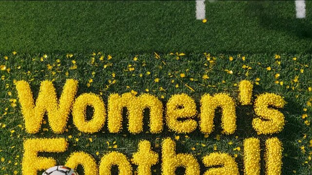 A soccer ball is on the grass next to a sign that says Women's Football. The sign is made of yellow letters and is surrounded by grass