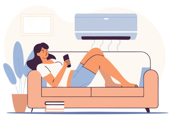 Obraz premium Female relaxing on couch below air conditioner vector illustration, cooling off in living room, hot day concept