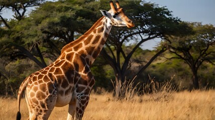 Obraz premium Giraffe in the Savannah – Majestic Wildlife Scene Featuring Tall Giraffe Amidst African Grasslands, Capturing Nature, Safari Adventure, and Exotic Animal Beauty