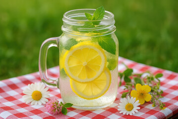 Refreshing summer lemonade in a mason jar with fresh mint on picnic blanket outdoors