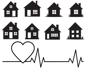 Black silhouette houses with a heartbeat graphic depicting home and healthcare concepts