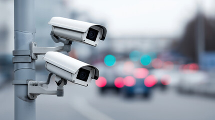 Surveillance cameras overlooking busy urban street with blurred traffic lights