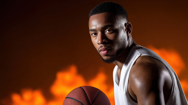 Focused african male young basketball player in action against fiery background