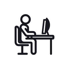 Fototapeta premium Minimal linear icon of stickman sitting at desk with computer monitor. Simple outline pictogram for remote work, office, studying, or digital communication themes.