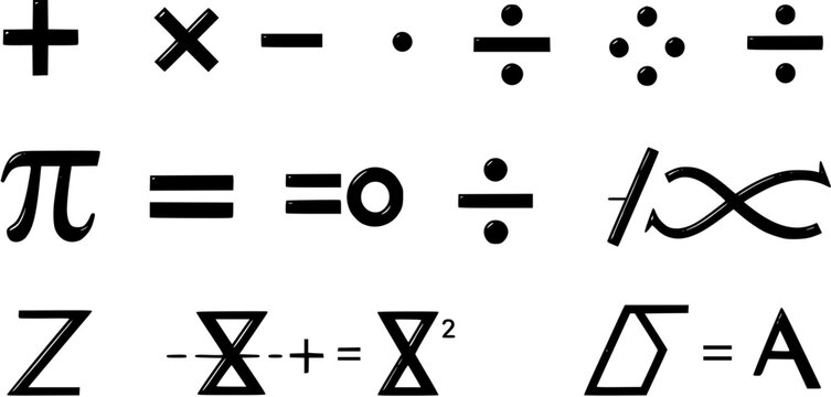 Math symbol set, Mathematical symbols vector including plus, minus, multiplication, division, equal, infinity, pi, sigma, integral, and delta for educational content, math resource