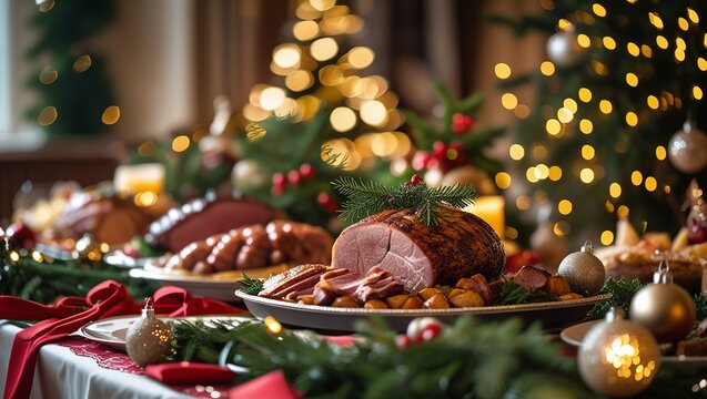 Christmas feast showcasing roasted ham and other holiday dishes on a festively decorated table