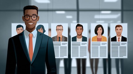 Equal opportunity employment hiring process showing unbiased recruitment resume of diverse candidates HR professional smiling modern office background inclusion message
