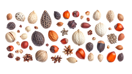 Collection of protein-rich nuts and seeds artfully arranged isolated on white background 