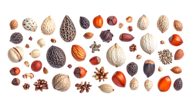Collection of protein-rich nuts and seeds artfully arranged isolated on white background 