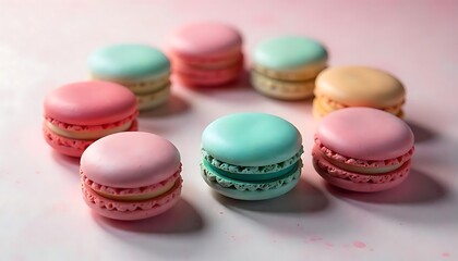 "Colorful macarons arranged in a circle on a pastel background, French patisserie aesthetic."