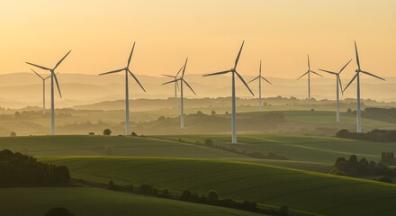 Fototapeta premium Turbines on horizon with rolling green hills. Telephoto 200 mm.