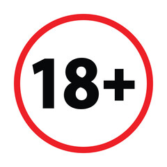 Obraz premium 18 plus only icon. Age limit under 18 years old is forbidden circle sign symbol vector illustration. Under 18 sign in on white background. Over 18 only censored. Eighteen age older forbidden.