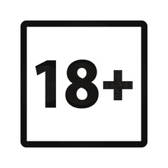 18 plus only - black icon. Age limit under 18 years old is forbidden square sign symbol vector illustration. Under 18 sign in on white background. Over 18 only censored. Eighteen age older forbidden 