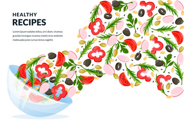Vegetable green salad flying from glass bowl. Vector illustration. Healthy cooking vegetarian recipes design elements