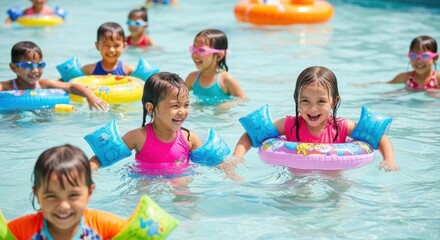 Kids enjoying a fun pool day with colorful floats