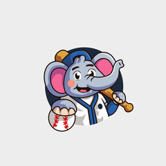 Cute cartoon mascot logo of an elephant holding a baseball and baseball bat to become a professional athlete