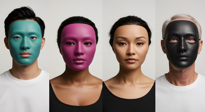 Four masks blank faces on diverse models, premium lighting. 85 mm.
