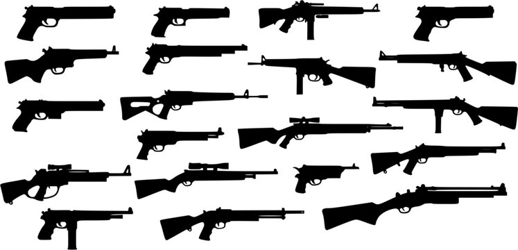 Graphic black detailed silhouette pistols, guns, rifles, submachines, revolvers and shotguns. Isolated on white background. Vector weapon and firearm icons set.