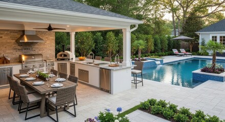 Fototapeta premium Luxurious outdoor kitchen and dining by modern poolside with patio and lush garden
