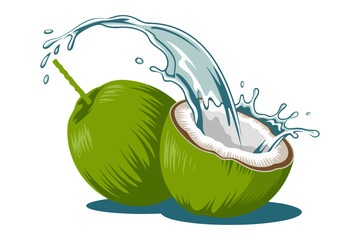 Refreshing coconut water splashing from a cracked coconut