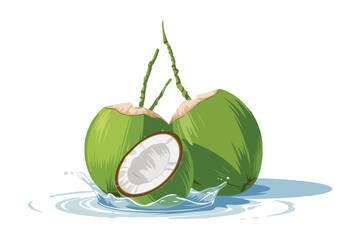 Two fresh green coconuts splashing into water