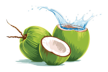 Refreshing green coconuts with splashing water illustration