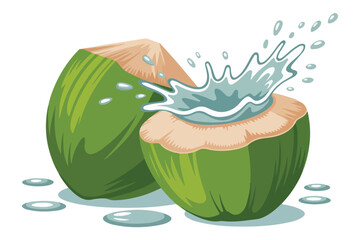 Refreshing coconut water splashing from a cracked green coconut