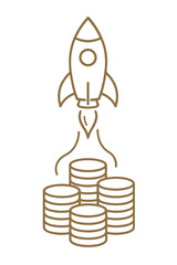 Rocket launching from stacks of coins startup success financial growth