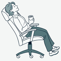Relaxed woman sitting in office chair enjoying coffee break