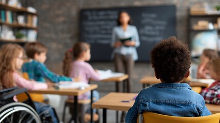 Equality education students of different ethnicities and abilities learning in same classroom inclusive school environment equal access to education teacher helping students clean interior