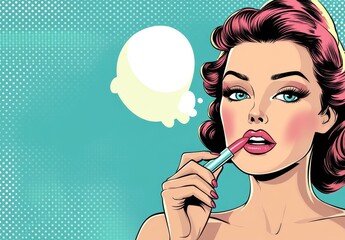 A woman with open eyes is depicted in a pop art vintage comic style, lost in a dream, as a modern female portrait with a speech bubble