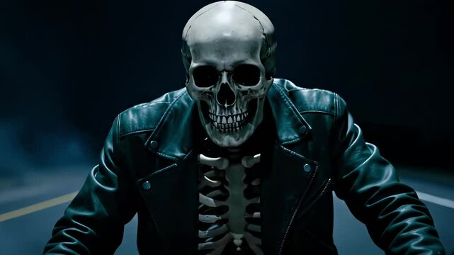 skeleton on motorcycle -  A skeletal figure in a leather jacket sits confidently in a dimly lit space, evoking a sense of mystery and intrigue