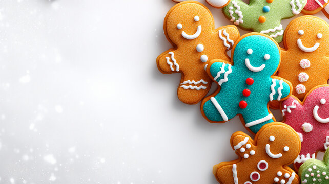 Top view of decorated Christmas gingerbread man cookies on white table background with copy space, concept of holiday celebration. Merry Christmas, xmas concept - Powered by Adobe