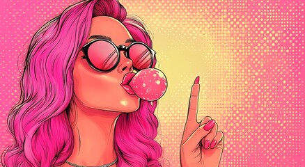 A sexy girl with curly red hair and an open mouth containing pink chewing gum is depicted against a modern, colorful yellow background in a pop art retro comic style illustration, complete with a